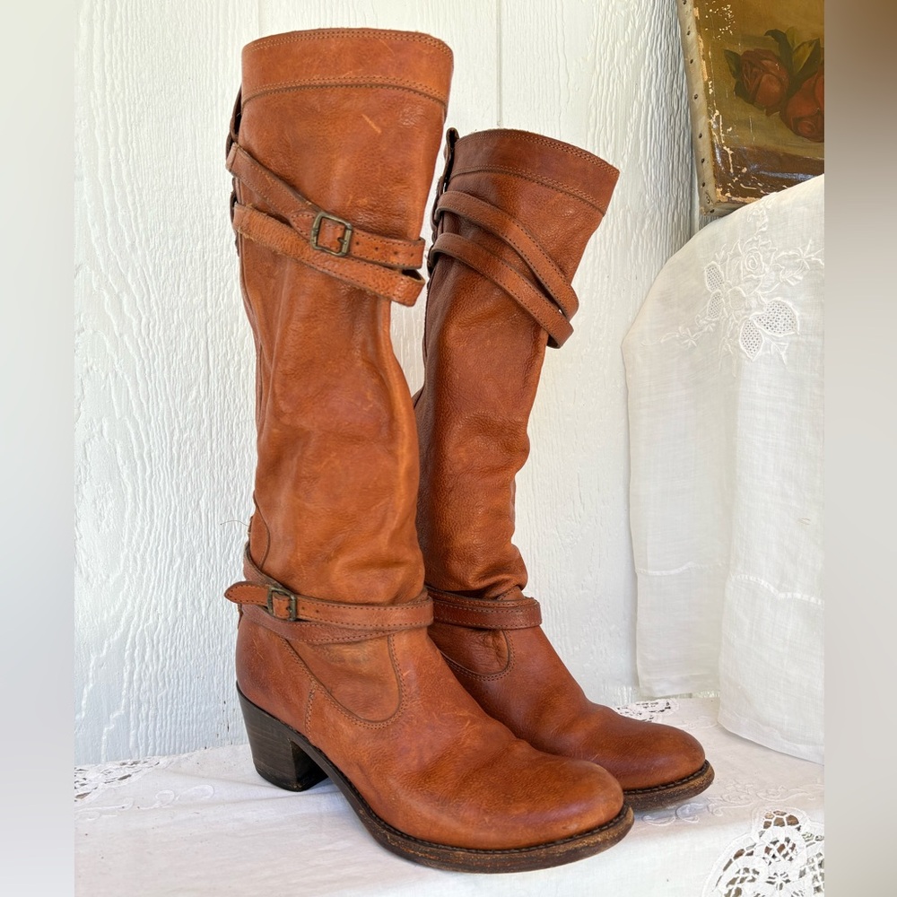 Frye Jane Strappy Brown Leather Riding Knee-High Boots